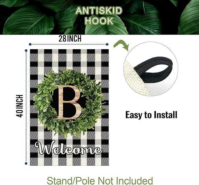 Baccessor Monogram Letter B Garden Flag 28 x 40 Inch, Buffalo Plaid Family Last Name Initial Boxwood Wreath Welcome Vertical Double Sided Large Flags for Outdoor Outside Decoration