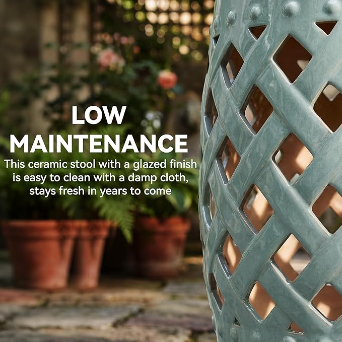 Outsunny 13" x 18" Ceramic Garden Stool with Woven Lattice Design & Glazed Strong Materials Decorative Outdoor Stool, Antique Blue