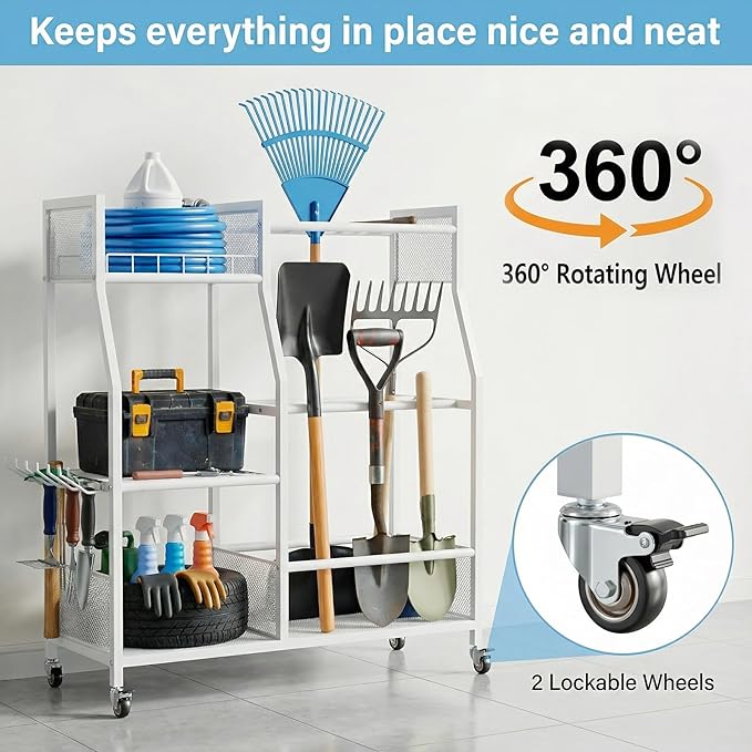 HOTEAGLE Yard Tool Organizer for Garage 35.4" Width High Stability Outdoor Metal Utility Rolling Cart with Mute Wheels, 18.5mm Thick Rods Ideal Garden Tool Rack, Easy to Clean,White
