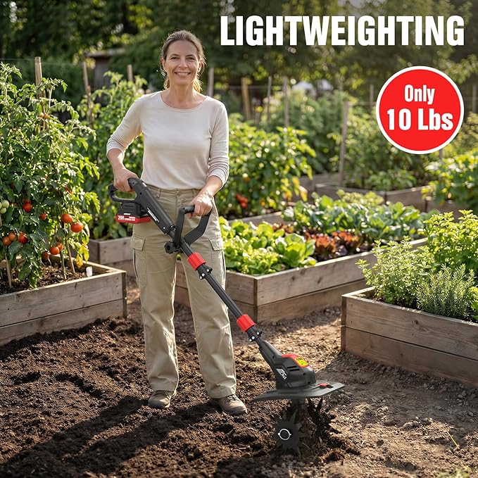 EWORK 20V Cordless Tiller Cultivator with 2×2.0Ah Batteries & Fast Charger,9" Width 7" Depth Electric Garden Rototiller for Yard Lawn Soil Cultivation