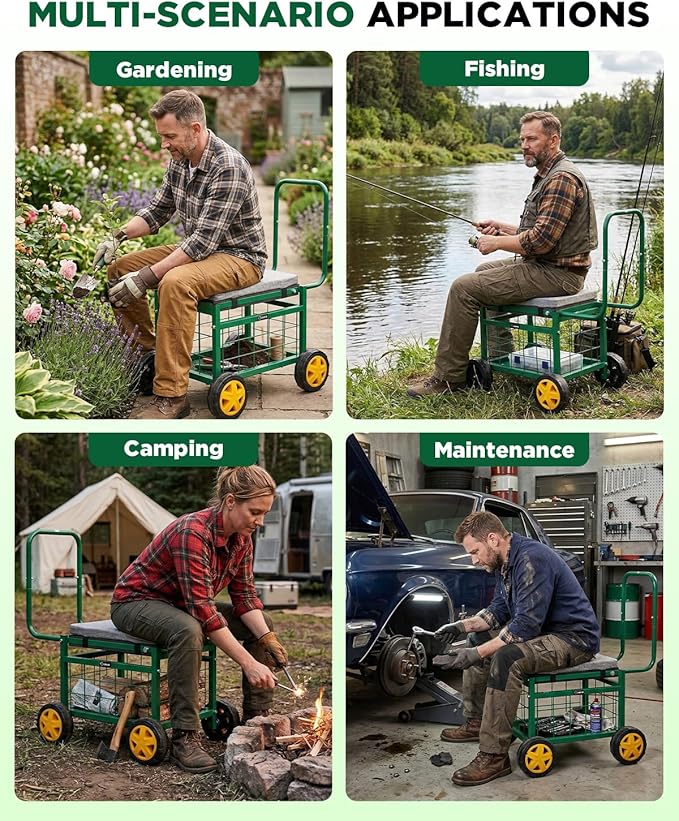 Saker Rolling Garden Cart with Seat & Wheels - 15.7'' EVA Padded Rolling Stool, 500 lb Steel Frame, Large Storage Basket - Garden Wagon Workseat for Patio Lawn Yard (Luxury Version)