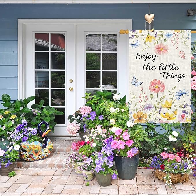 Louise Maelys Spring House Flag Enjoy The Little Things Butterfly Watercolor Flower Double Sided 28X40 Inch Floral Seasonal Welcome Small Burlap Holiday Yard Sign Outdoor Decor