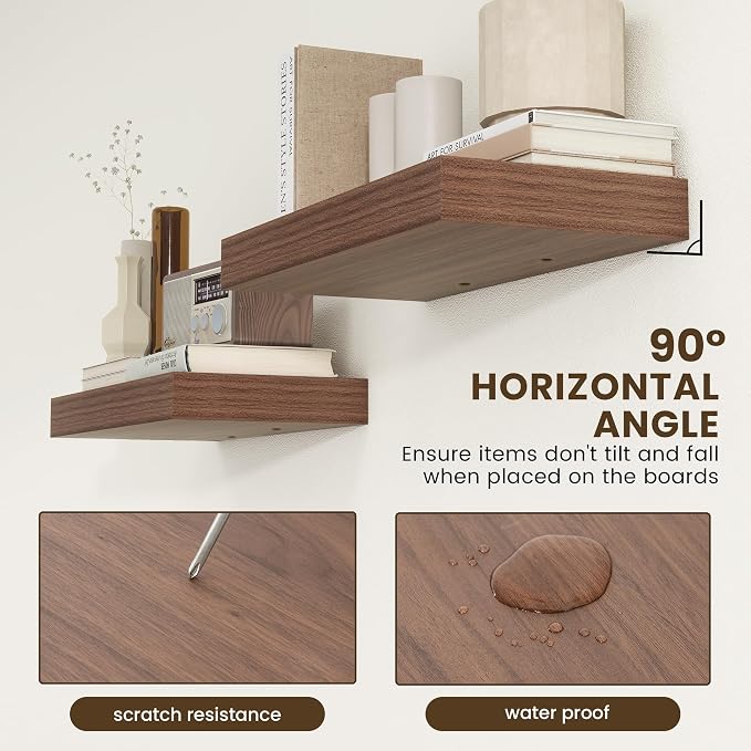 FLYJOE Deep Floating Shelves, 24'' x 12'' Walnut Shelves for Wall Set of 2