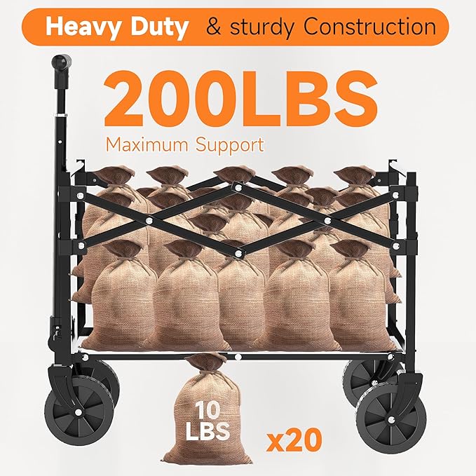 25" L Collapsible Wagon Cart Foldable, 200lbs Weight Capacity 80L Folding Beach Wagons with All-Terrain Wheels, Utility Carts for Groceries, Shopping, Camping, Sports - Black