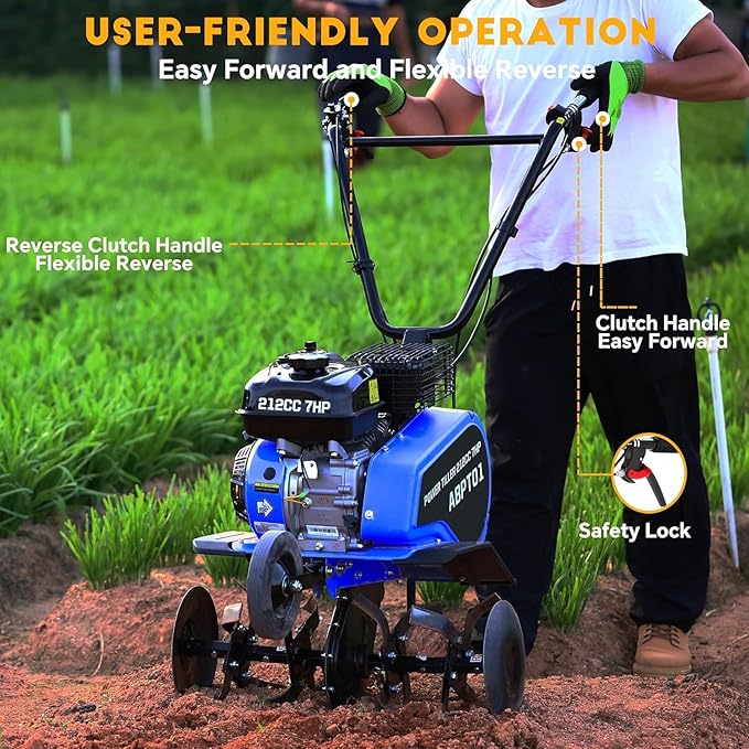 212cc 4-Cycle 7HP Gas Powered Tiller Cultivator - 22" Heavy-Duty Steel Tines Rototiller, Adjustable Wheels and Handle, Forward/Reverse for Plowing, Tilling, Weeding in Garden, Farm (Navy Blue)
