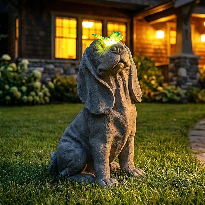 Garden Statue Dog Figurines - Outdoor Dog Statue with Solar Butterfly Lights for Patio Yard Art Decor Balcony Lawn Ornament, Ideal Housewarming Gardening Gifts for Mom
