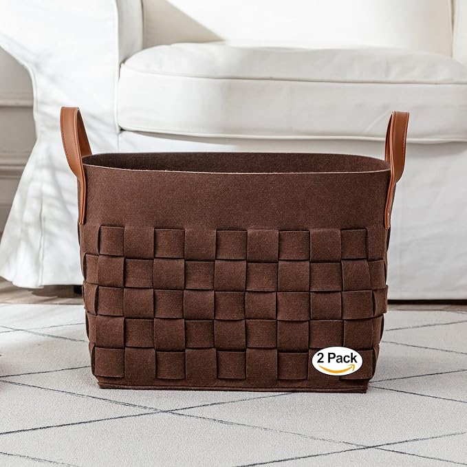 boldmonkey Laundry Basket 15 " x13 x11 2 Pack, Large Rectangular Felt Fabric Blanket Basket with Leather Handle, Dirt Clothes Laundry Hamper for Babies, Dogs and Living Room-Brown