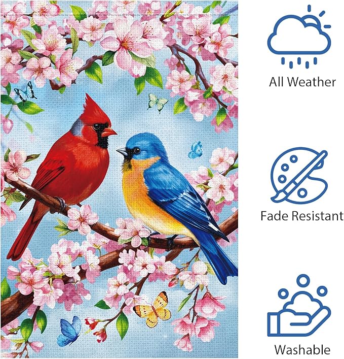 Heyfibro Spring Summer Cardinal Garden Flag 12x18 Double Sided Burlap, Bluebird & Cherry Blossom Flower Yard Banner for Rustic Seasonal Outdoor Decoration (ONLY FLAG)