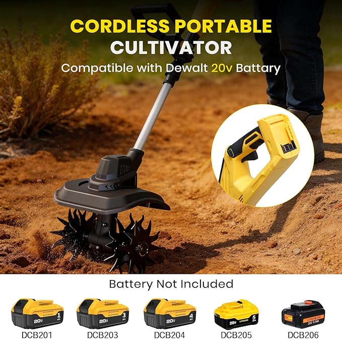 Cordless Tiller Cultivator Compatible with Dewalt 20V Battery(Tool Only), 9-Inch Tilling Width, 6.6-Inch Depth 360RPM Electric Brushless Tiller Garden Rototiller for Lawn/Gardening/Soil Cultivation