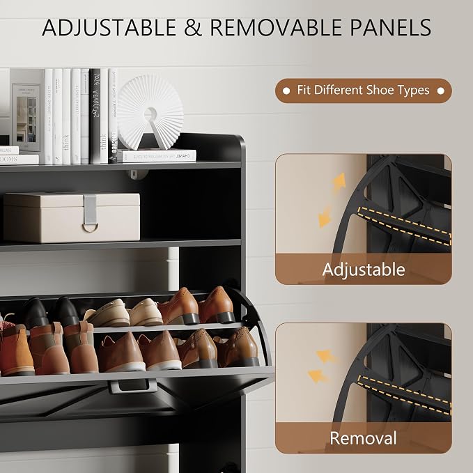 Xixini Shoe Storage Cabinet with 2 Flip Drawers, Entryway Shoe Rack, Black