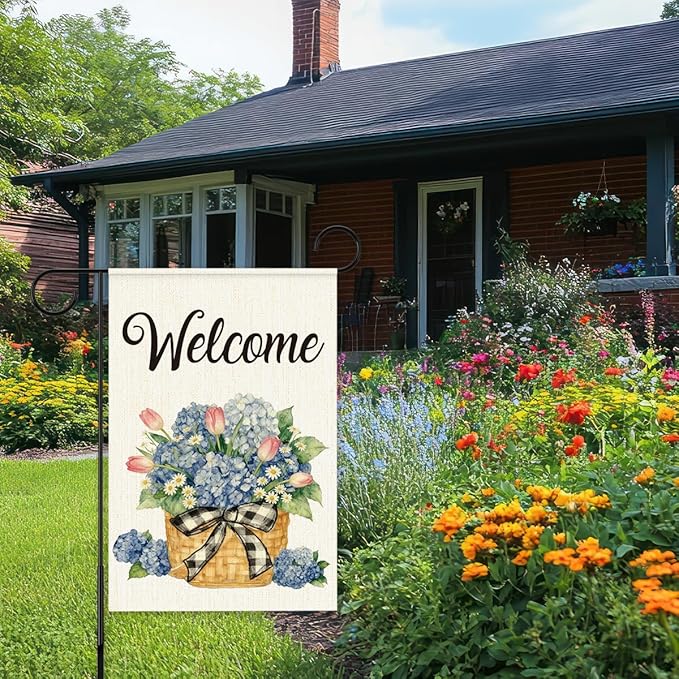 Welcome Flags for Outside,Spring Hydrangea Garden Flag for Yard Patio Lawn Decoration,12x18 Inch Double Sided
