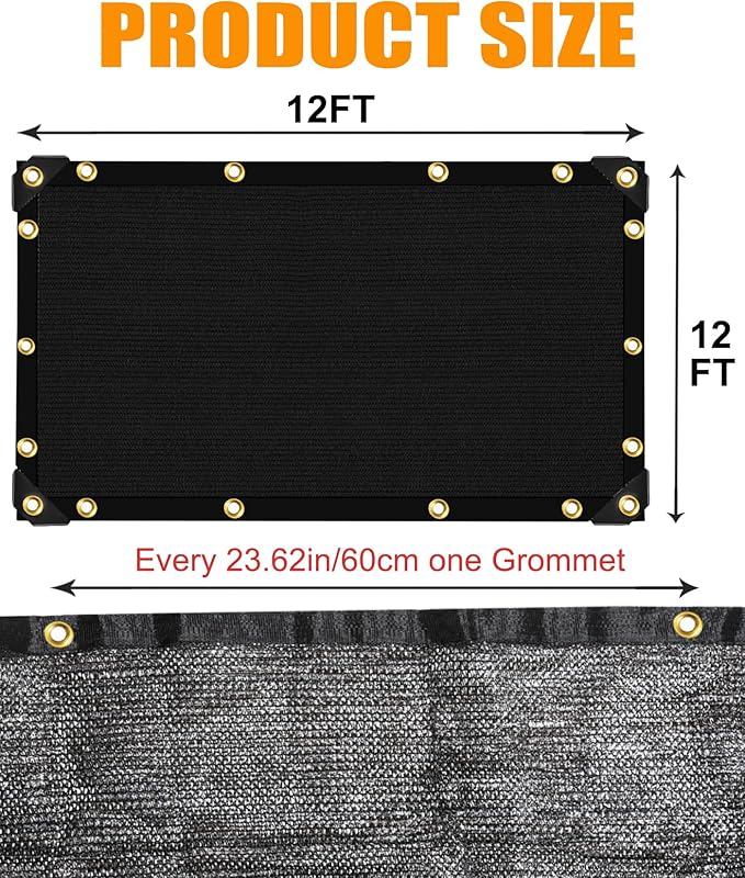 E.share 40%-50% Black Sun Shade Cloth Outdoor - 12Ft X 12Ft Garden Shade Netting with Grommets for Greenhouse, Plant Covers, Patio, Chicken Coop, Barn & Kennel