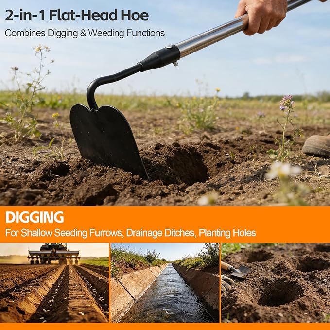 Heavy Duty Draw Hoe, 66 Inch Garden Hoe for Weeding and Tilling - Stand Up Gardening Tool for Plowing, Cultivating, Loosening Soil, Scraping Weeds - Long Handle Reduce Back Strain