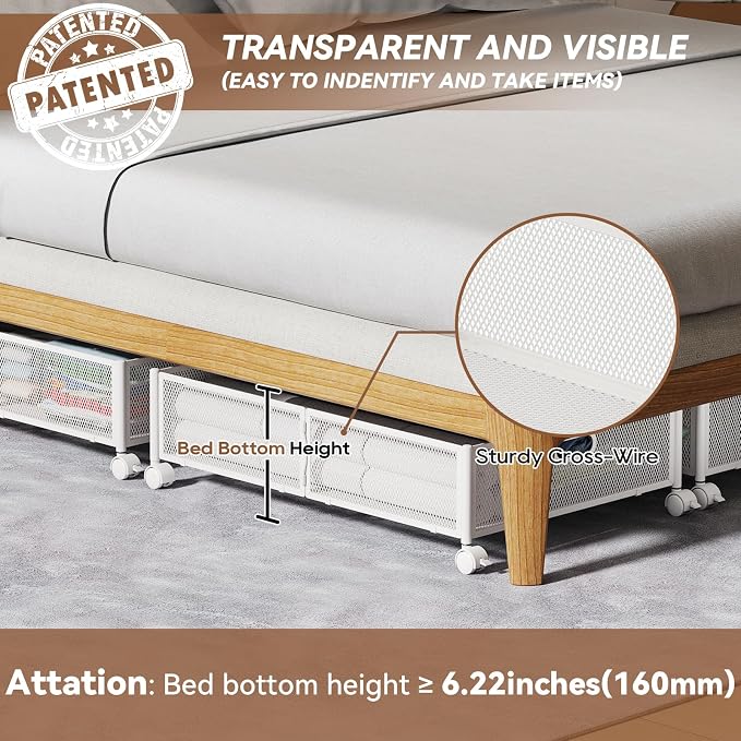 PHINOX Under Bed Storage with Wheels & Handle,Sturdy Metal,2 Pack,White