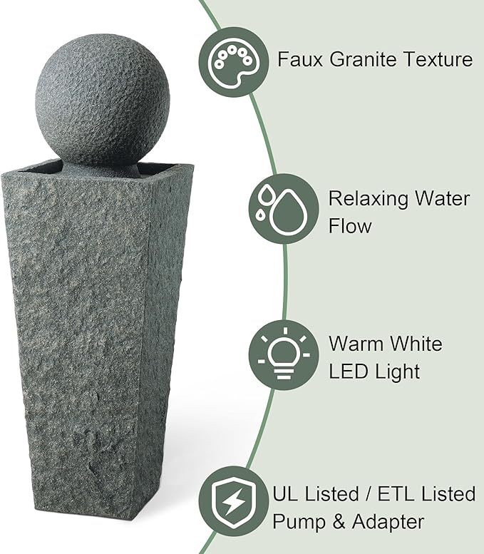 Glitzhome Outdoor Water Fountain, Outdoor Fountain with Pebbles, Pump and LED Light, 40.25" H Modern Geometric Pedestal and Sphere Polyresin Waterfall Fountain for Patio, Backyard, Garden, Deck Decor