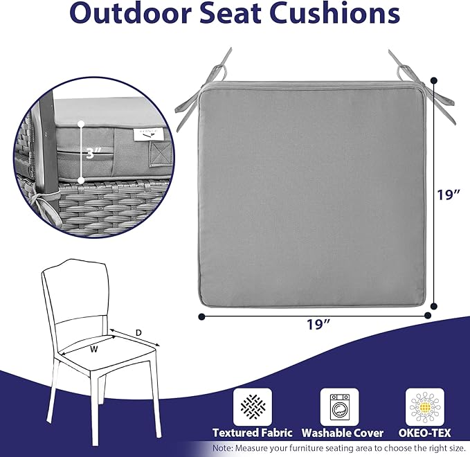 IPYNBAP Outdoor Chair Cushions Set of 4 -Waterproof Outdoor Seat Cushions for Patio Furniture, Patio Chair Cushion with Handle and Ties, Square Out Door Chair Pads,19" x 19" x 3", Grey