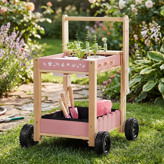 ROBOTIME Kids Gardening Tools with Cart Wheelbarrow - Wooden Outdoor Garden Toys Set with Watering Can, Shovel, Hand Rake & Plant Labels, Outdoor Backyard Play Toys for Toddler Gift (Pink)