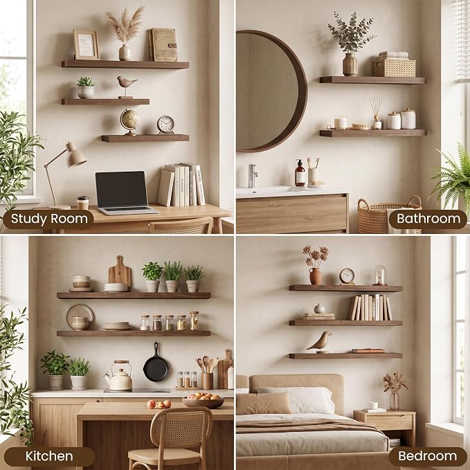 16x8in Floating Shelves 2 Pack, Wall Mount Display Shelf, Rustic Brown | Invisible Brackets, 18lb Sturdy MDF, 8in Deep Shelf, Easy Install, For Bedroom, Bathroom, Living Room, Kitchen & Office
