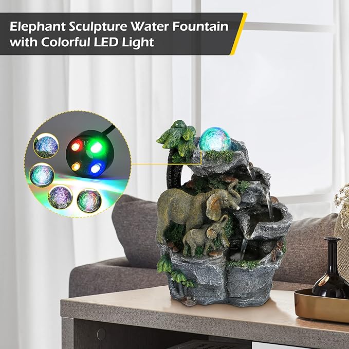 Dyna-Living Elephant Fountain Indoor Water Fountain, Tabletop Waterfall Fountain with Colorful LED Light and Rolling Ball Zen Water Feature Quiet Pump for Home Office Desk Decoration Gift