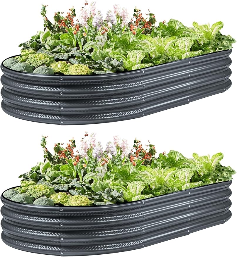 Gartist 2 Pack Raised Garden Bed Kits, 4x2x1FT Gray Oval Galvanized Outdoor Planter Beds, Easy Assembly Metal Raised Bed for Vegetables, Flowers & Herbs
