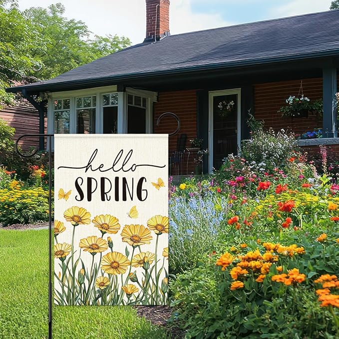 Hello Spring Flags for Outside,Yellow Daisy Garden Flag for Yard Patio Lawn Decoration,12x18 Inch Double Sided