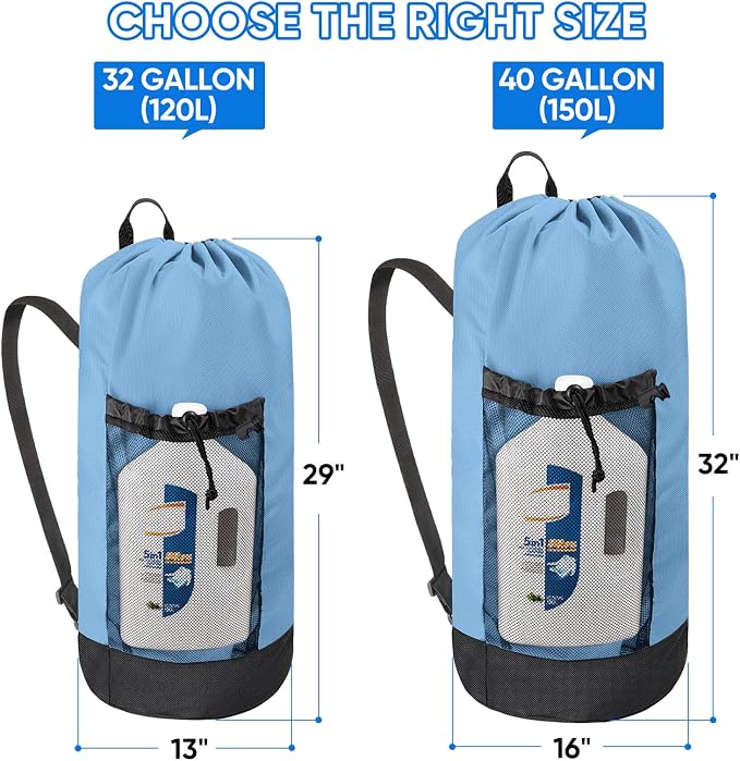BALEINE 150L Laundry Bag Backpack, 900D Oxford Fabric Large Travel Laundry Bags with Shoulder Straps and 2 Mesh Pockets for College Dorm, Apartment, Laundromat (Blue, 150L)