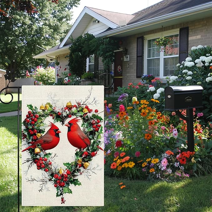 Spring Summer Cardinal Love Hearts Garden Flag 12x18 Double Sided, Welcome Yard Decor, Farmhouse Outdoor Flag for Lawn Patio Porch