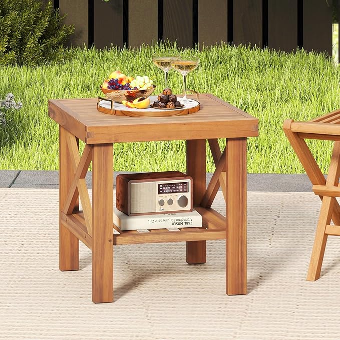 Tangkula Outdoor Side Table, 2-Tier Acacia Wood Adirondack Bistro Table with Slatted Tabletop & Storage Shelf, Small Square Patio Table for Yard, Deck, Garden, Poolside (1)