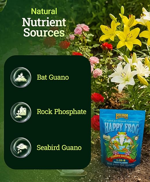 FoxFarm Happy Frog Cavern Culture Bat Guano Fertilizer - 1-12-0 Blend of Rock Phosphate, Seabird Guano for Bud and Flower Development - Encourages Delicious Tasting Fruits & Vegetables - 4 lb