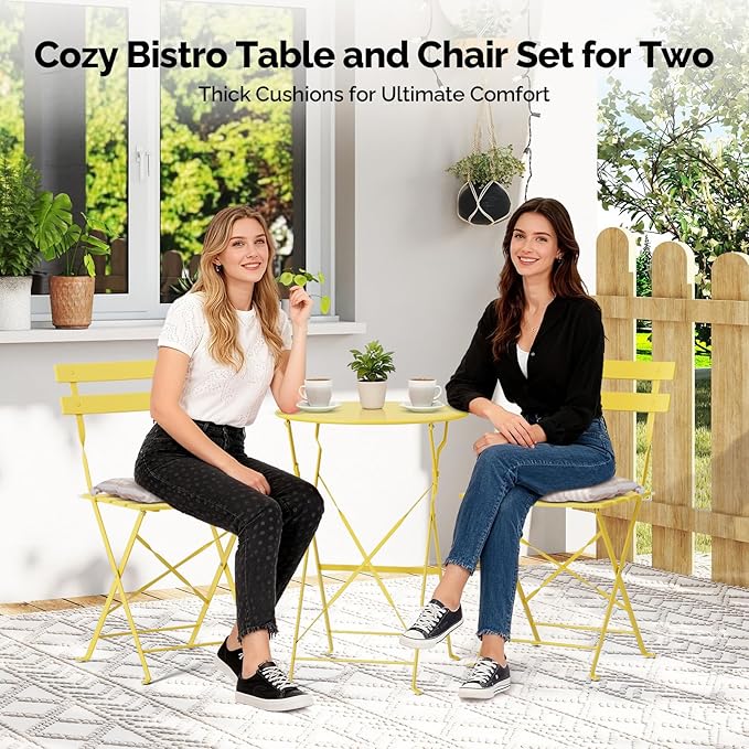 VINGLI Outdoor Folding Bistro Table and Chairs Set of 2, 3-Piece Bistro Set with Premium Steel Frame and Comfortable Cushions for Patio, Balcony, Garden, Porch, Yard, Yellow