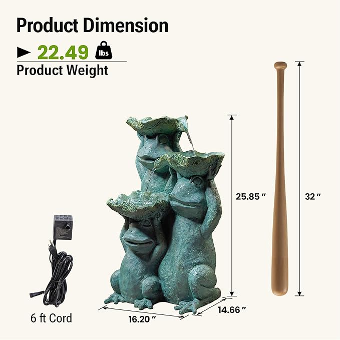 26-Inch Outdoor Water Fountain, 3-Tier Funny Stacked Frogs Statue Resin Waterfall Fountain with 2 LED Lights, Cascading Water Feature for Garden, Patio, Yard, Deck, Lawn, Porch in Green