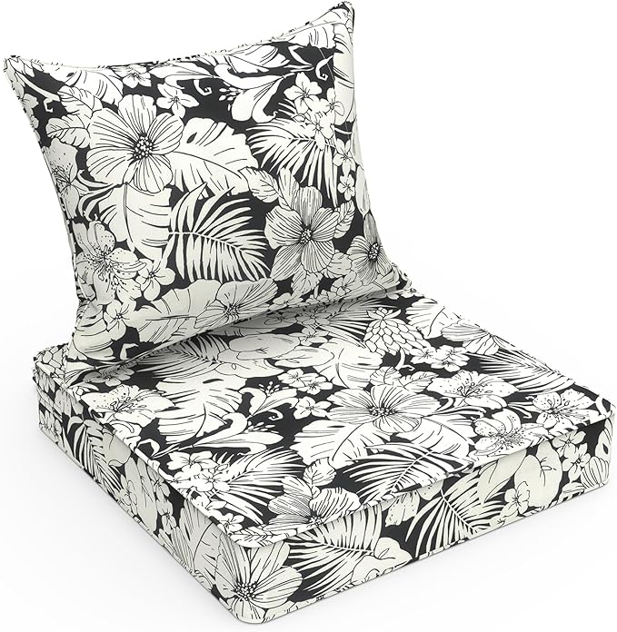LVTXIII Outdoor Deep Seat Cushion Patio Seat and Back Cushion Set Seasonal Chair Cushion for Dining Arm Chairs, Wicker Chairs and Garden Furniture Decoration, 22"x22"x4", Tropical Blossom Noir