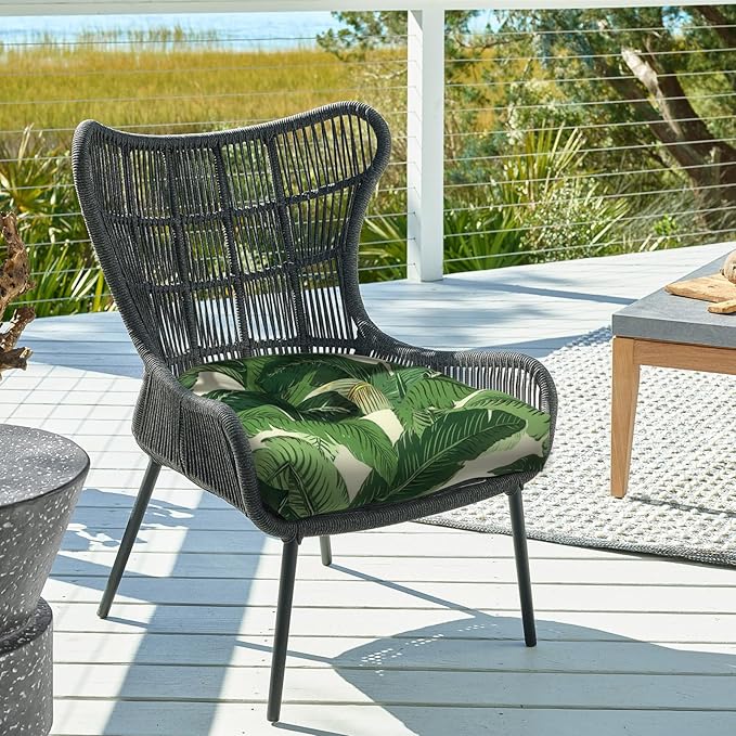 DYTXIII Set of 2 Outdoor Chair Cushions 19"x19"x4", Water Repellent Tufted Patio Seat Cushions with Ties, Thick Replacement Pads for Wicker Dining Chairs, Patio Furniture, Swaying Palms Green
