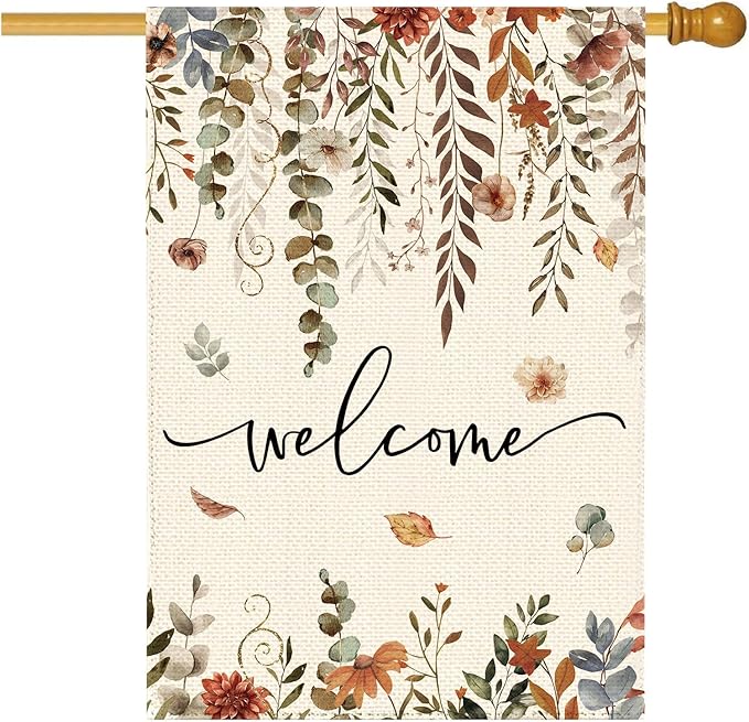 Fall Thanksgiving Eucalyptus Floral Welcome Garden Flag 28 x 40 Inch Double Sided, Autumn Flower Burlap Large Yard House Flag Farmhouse Seasonal Holiday Patio Outdoor Outside Decoration