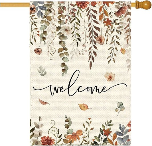 Fall Thanksgiving Eucalyptus Floral Welcome Garden Flag 28 x 40 Inch Double Sided, Autumn Flower Burlap Large Yard House Flag Farmhouse Seasonal Holiday Patio Outdoor Outside Decoration