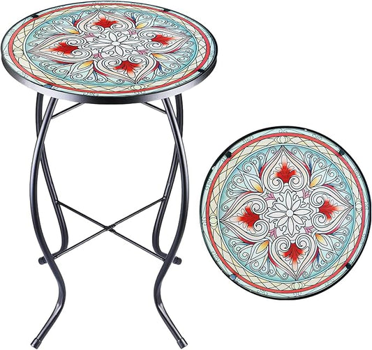 Arbuxzuy 14 Inch Small Outdoor Side Table with Red Flower, Glass Mosaic Patio Table Indoor, Round Plant Coffee Table for Living Room, Balcony, Garden