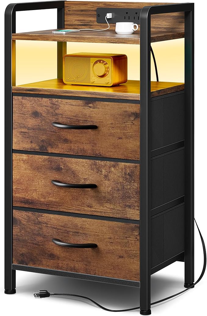 Lazzanto Nightstand with Rear Charging Station, LED Light, 3 Drawers, Brown