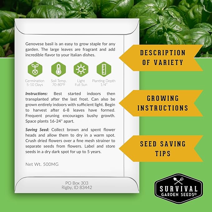 Survival Garden Seeds - Italian Herb Collection Seed Vault - Basil, Oregano, Thyme, Sage, Flat Leaf Parsley - Non-GMO Heirloom Varieties of Culinary & Medicinal Herbs for Any Garden or Homestead