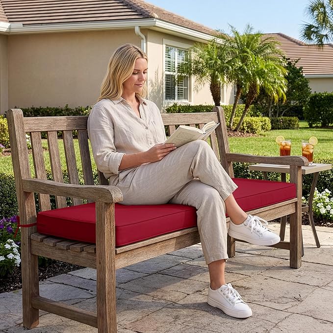 Summsun Outdoor Bench Cushion: Waterproof and Fade Resistant Patio Furniture Cushions - Non-Slip Bench Pad Cushion with Removable Cover for Garden Swing Porch Sofa Settee, 59 x 18 Inch, Burgundy