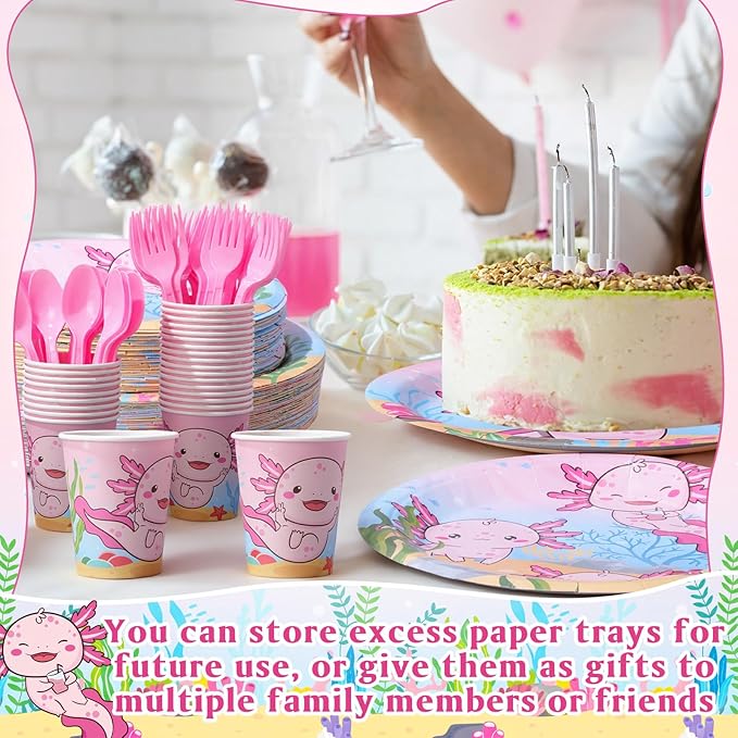 Funnymoom 400 Pcs Axolotl Birthday Party Supplies for 50 Guests Pink Cartoon Axolotl Paper Plates and Napkins Knives Spoon Fork Cup Disposable Reptile Animals Dinner Sets for Baby Shower Party