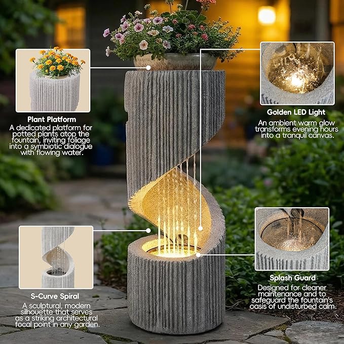 30” H Modern S-Shaped Outdoor Fountain with LED Light, Resin Spiral Column Waterfall Feature with Flat Top for Plant Display, Decorative Water Fountain for Garden, Patio