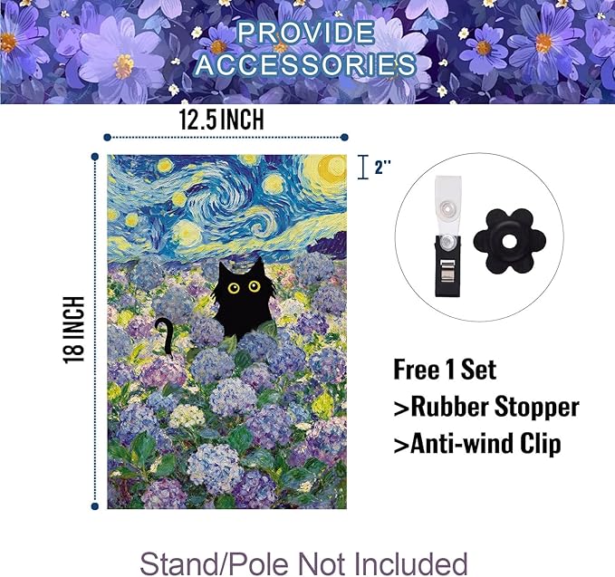 Baccessor Spring Summer Cat Garden Flag 12.5x18 Inch Double Sided Burlap with Clip and Stopper, Hydrangea Flowers Flags Starry Night Yard Lawn Seasonal Farmhouse Outside Outdoor Decoration