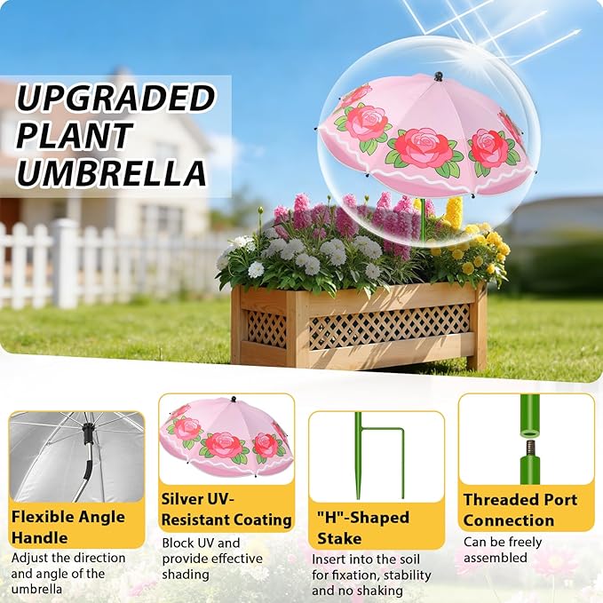 MJZ 4 Pack Upgraded Plant Umbrellas for Outdoor Plants, 26" Larger Garden Plant Shade Umbrella with Adjustable Angle 43.4" Higher Sun Shade with Floral Prints for Outdoor Potted Plants Garden Beds