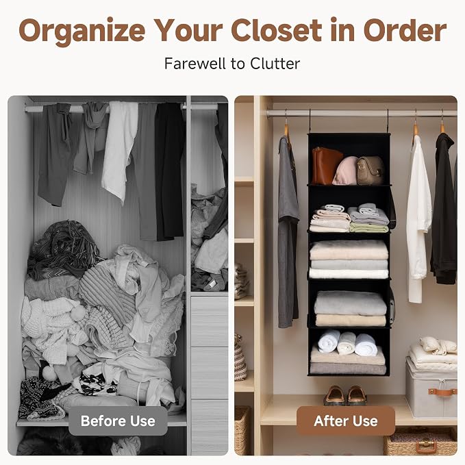 StorageWorks Hanging Closet Organizer for Small Closets, 5 Shelf | Add More Storage to Small Closets with 5 Reinforced Shelves, Perfect for Bedroom, Dorm and RV, Black