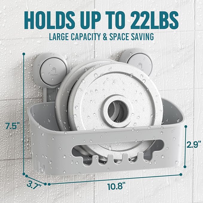 TAILI Shower Caddy Suction Cup, Bathroom Organizer Shelf Grey | Heavy Duty, Removable Inside Shower, Shampoo, Waterproof Plastic Storage, Rustproof Accessories