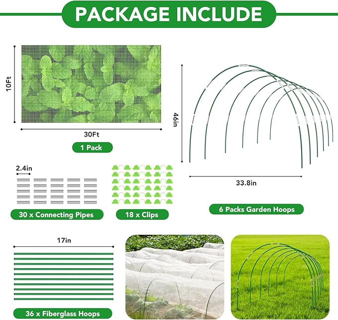 Garden Netting Kit for Raised Beds, 10x30FT Ultra Fine Mesh Netting ＆6 Sets Fiberglass Garden Hoops, Insect Netting for Garden Plant Row Cover Vegetable Flowers Protection Barrier