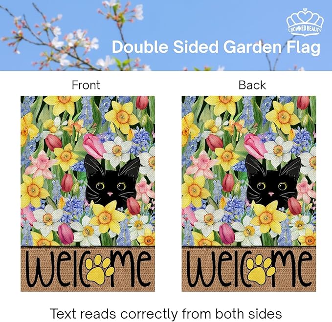 CROWNED BEAUTY Spring Garden Flag Black Cat 12x18 Inch Double Sided Small Seasonal Holiday Floral Decoration for Outdoor Lawn Yard