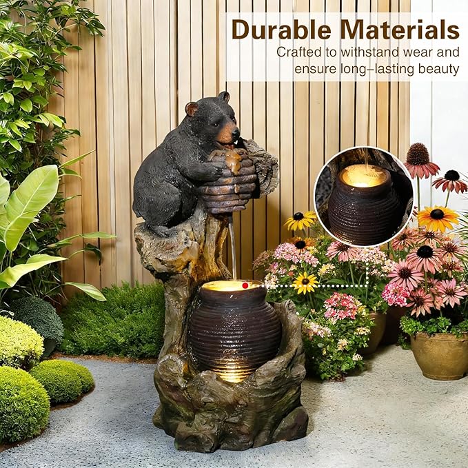 Sunlinua 33" H Bear Outdoor Water Fountain, Decorative Resin Water Fountain with LED Lights, Garden Waterfall Fountains Indoor and Outdoor for Patio, Porch, Courtyard, Home Decor