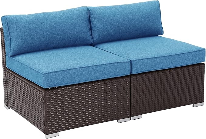 COSIEST 2-Piece Outdoor Furniture Add-on Armless Chairs for Expanding Chocolate Brown Wicker Sectional Sofa Set w Heritage Blue Thick Cushions for Garden, Pool, Backyard