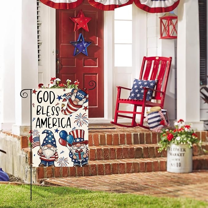 AVOIN colorlife God Bless America Patriotic 4th of July Garden Flag 12x18 Inch Double Sided Outside, American Stars and Stripes Gnomes Yard Outdoor Decoration
